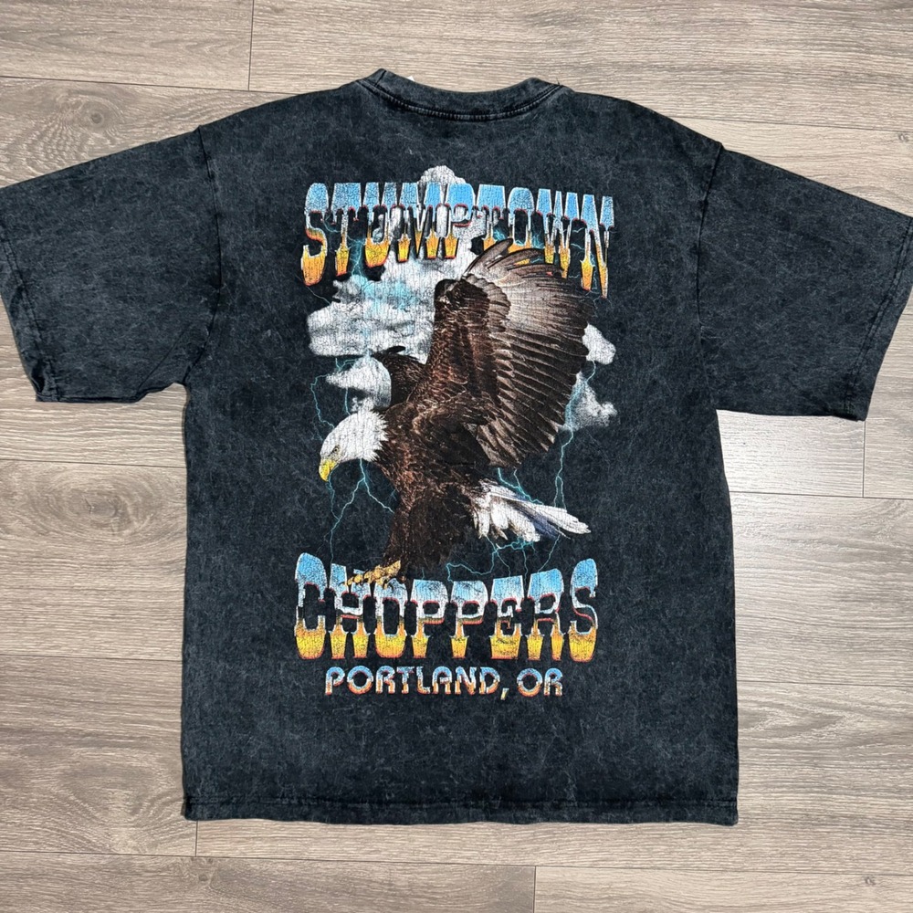 Strange Daze Stumptown Choppers Portland Eagle Graphic Tee Acid Wash Mens Medium